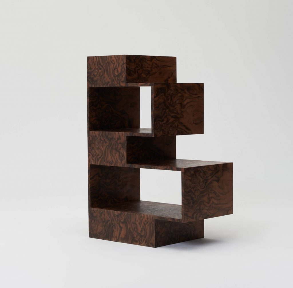 Walnut burl cabinet in white space