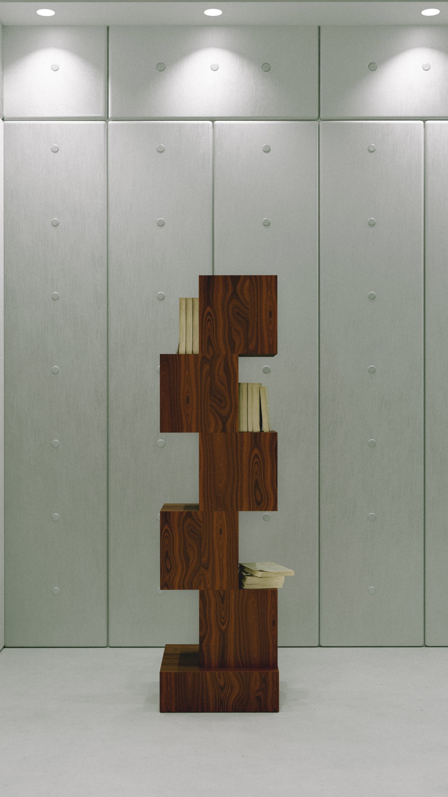 Knygų lentyna iš riešutmedžio lukšto su išskirtiniu raštu