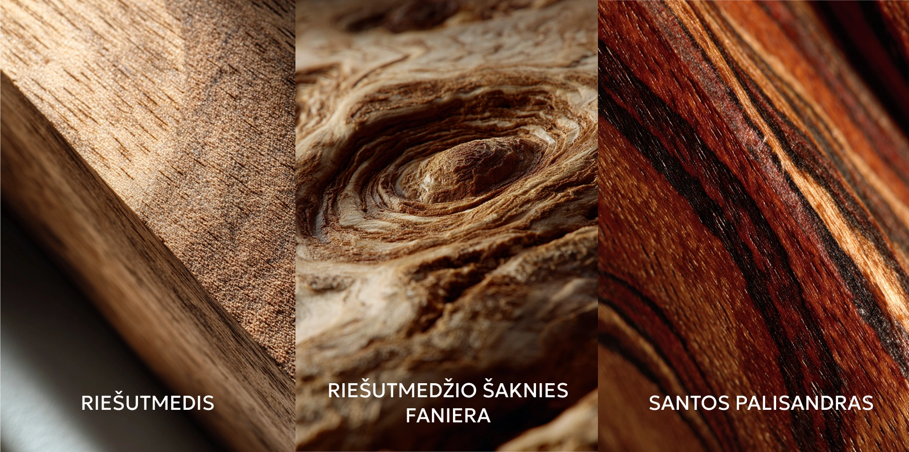 Skulptūrinių baldų fanierų palyginimas: natūrali riešutmedžio faniera, riešutmedžio šaknies faniera ir Santos palisandro faniera Petra Madalena kolekcijoje