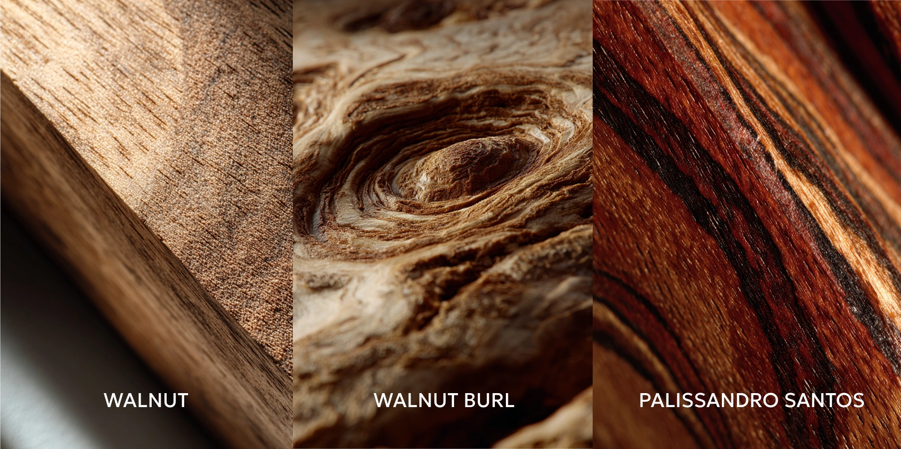 Veneer comparison: walnut, walnut burl, and palissandro santos wood textures shown side by side as a sculptural furniture material reference